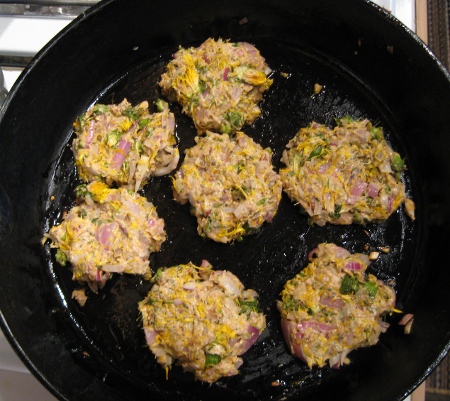 Dandelion patties in pan